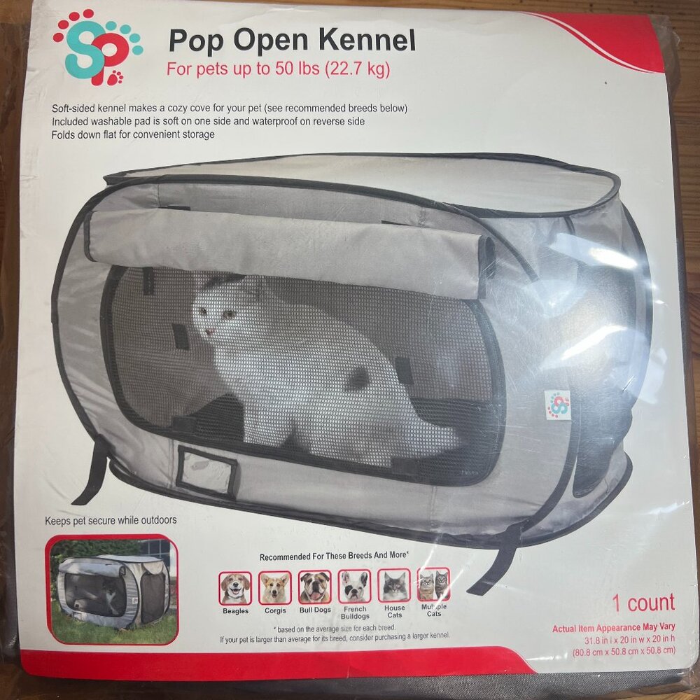 SportPet Designs Large Pop Open Kennel, Portable Cat Cage Kennel, Waterproof Pet